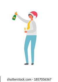 Person in Santa Claus hat celebrating Christmas. Male character with glass of champagne and bottle in hand wishes happy holidays, vector isolated icon