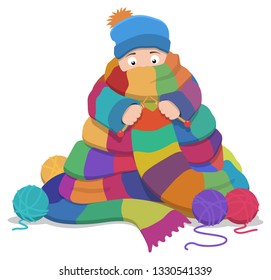 A person sat down knitting a huge, multi coloured scarf which is wrapping around  their entire body