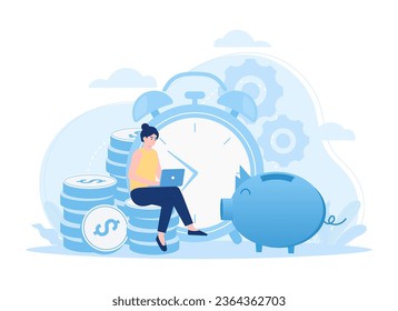 Person saving money, inserting coins to piggy bank trending concept flat illustration