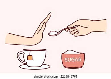 Person Say No To Sugar In Tea Or Coffee. Man Or Woman Make Hand Gesture Refuse From Sweet Additives Follow Healthy Lifestyle. Vector Illustration. 