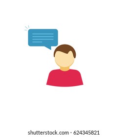 Person saying vector icon, flat style man telling with bubble speech, character dialog