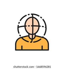 Person scanning, face verification, 360 degrees view flat color line icon.