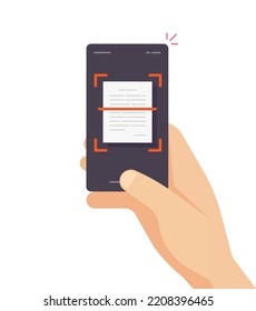 Person scanning text document via mobile cellphone vector illustrated design, recognize scan of doc photo on cell phone smartphone application image