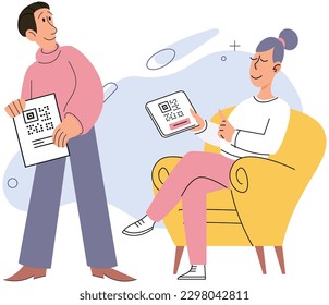 Person scans qr code in store. Woman shows QR barcode, man scans quick response code. Buyer checks price, buying goods or services. Cashless payment, modern technologies, internet transaction