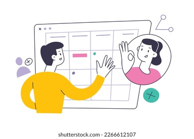 Person schedules week in calendar, creates an event or appointment using online app, sends invite to his friend, female character accepts invitation, shows okay gesture, flat vector illustration.