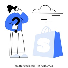 Person scratching their head with question mark in hand signifying confusion about shopping decision. Large blue shopping bag nearby with cloud above. Ideal for e-commerce, shopping, decision making