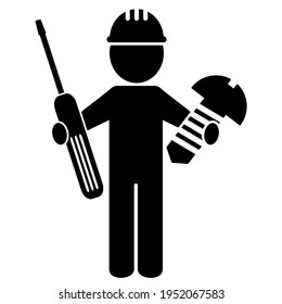 Person with screwdriver and screw, black silhouette, vector icon