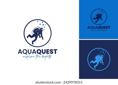 person in scuba suit and mask logo design template, suitable for travel brochures, underwater adventure websites, and scuba diving magazines.