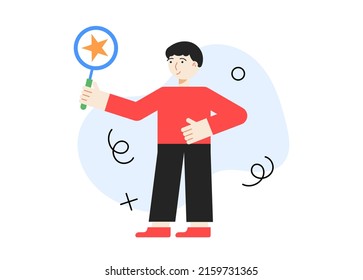 Person search answer on question. Man in blue isolated background. Vector illustration concept.