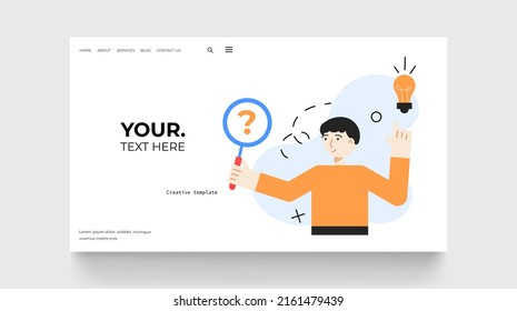 Person search answer on question landing page. Man in blue isolated background. Vector illustration concept.
