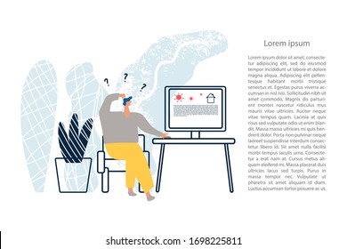 A person searching the information about situation in the world through the Internet. Outbreak of the COVID-19 virus.  Prevent infection spreading. Coronavirus pandemic. Vector illustration