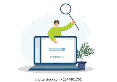 Person searching information on the web site at the laptop, downloading files to the computer, surfing internet, freelance work concept, online learning concept, flat vector illustration