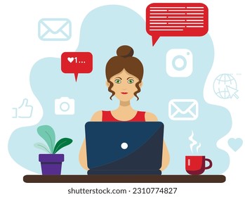 A person is searching the internet and social medias. Web life. Social network. Freelance lifestyle. Coffee cup. Flower pot on the desk.