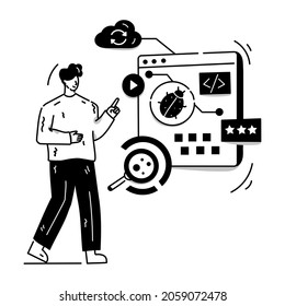 Person searching website bug, hand drawn illustration of website testing 