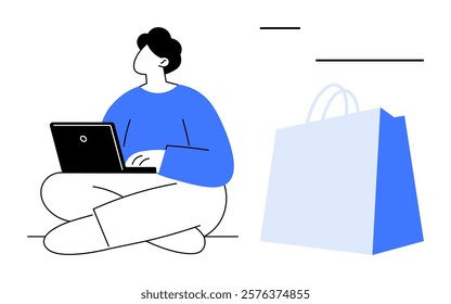 Person seated cross-legged using laptop adjacent to large blue shopping bag. Ideal for e-commerce, online shopping, digital marketing, remote work, freelance. Simple, clean, modern style