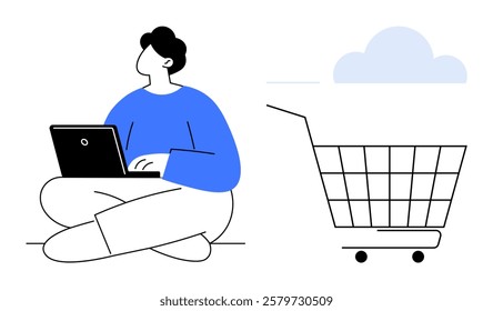 Person seated cross-legged using a laptop next to a shopping cart and cloud. Ideal for online shopping, e-commerce, digital marketing, internet technology, and modern lifestyle. Simple vector style
