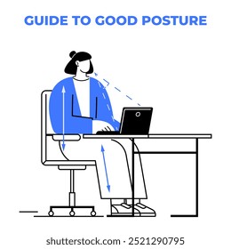 Person seated at desk with laptop, demonstrating correct sitting posture and aligning body ergonomically. Ideal for office health tips, workplace ergonomics, posture correction, home office setup