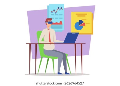 Person seated at desk wearing virtual reality goggles, engaged in work-related activities. Charts and graphs on wall, indicating focus on data analysis