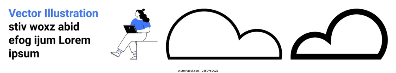 Person seated with laptop beside two cloud shapes and placeholder text. Ideal for tech, remote work, cloud computing, online education, digital nomad, work-life balance, modern workspace. Landing