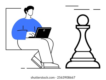 Person seated with a laptop next to an oversized chess pawn represents a mix of strategy, intelligence, productivity, technology, and creativity. Ideal for business, tech, chess, education