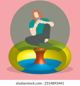 Person seated on 3d concept seat texting on his phone; relaxed individual.