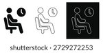 Person seated on bench next to analog clock indicating waiting time and schedule management in diverse graphic icon formats