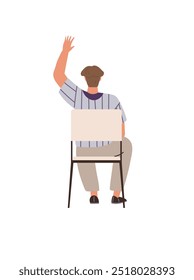 A person is seated on a chair with an arm raised, symbolizing participation. Ideal for education, learning, classroom engagement, studying, and interaction themes. Animated illustration style