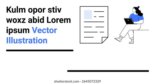 Person seated reading document on laptop. Placeholder text on digital paper. Clean style, blue accents. Ideal for remote work, tech, content creation, education, productivity, digital media. Landing