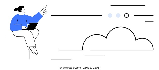 Person seated and using a laptop, pointing towards cloud network graphic. Ideal for remote work concepts, cloud computing, digital transformation, technology integration, online collaboration, IT