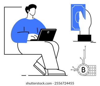 Person seated while using a laptop, with symbols of cryptocurrency Bitcoin and a hand holding a dollar bill. Ideal for technology, finance, digital currency, online transactions, and remote work