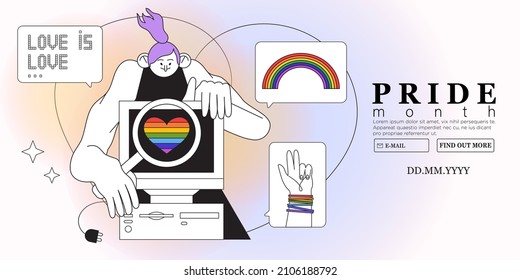 La persona puede ver el anuncio del mes del orgullo lgbtq en la pantalla de la computadora y se sale. Celebración de eventos de derechos LGBT o temas sociales celebración creativa pancarta, afiche, publicidad en medios sociales o página web de aterrizaje.  