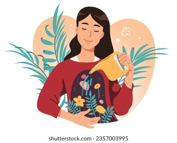 Person self love, mental health concept. Peaceful woman watering flowers inside her. Well-being, psychologist care, mindfulness, psychology, mind balance therapy, positive attitude vector illustration