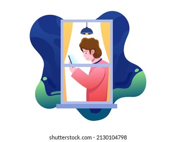 Person Self-isolation during a pandemic to prevention from virus Stays at home stay safe. Preventing from coronavirus covid-19 and variant. Lockdown concept. Can use for banner, poster, web, etc.