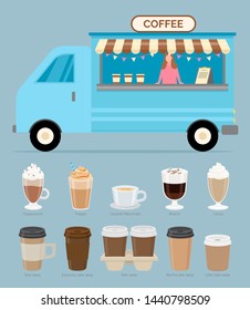 Person selling flavored coffee vector, beverages in different shapes and tastes, glass and plastic cup for takeaway, woman in automobile truck flat style. Blue food truck