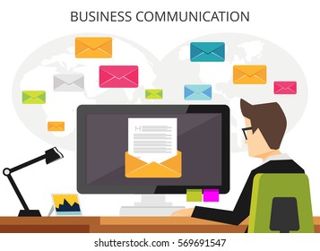 Person send email. Business communication concept.