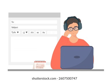 Person sending e-mail by internet, using laptop, edit mail, business email marketing, Email advertisement, flat vector illustration