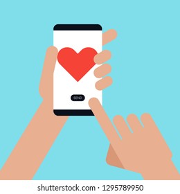 A person sending heart with smartphone Valentine's day concept flat design. Design element can be used for background, poster, greeting card, brochure, leaflet, flyer, backdrop, vector illustration
