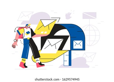Person sending letter via post box vector illustration. Man putting envelope in open mailbox cartoon design. Mail delivery and correspondence concept. Isolated on white