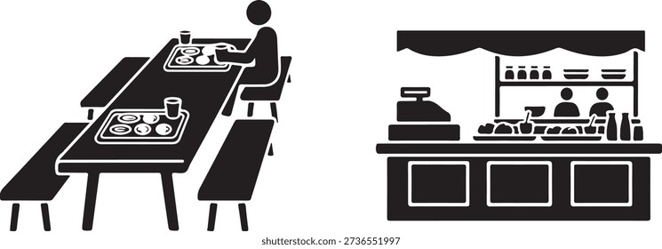 Una persona se sirve la comida en un buffet mientras que otra persona está preparando la comida en un mostrador. aislado en el fondo blanco, ilustración