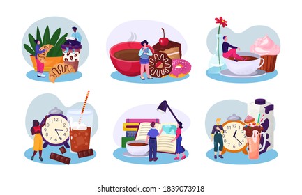 Person set cartoon design collection with coffee, vector illustration. People young man woman character drink in flat cafe. Hot beverage at morning, girl guy sitting with mug concept.