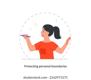 Persona fijando el concepto de límites personales. Una mujer con lápiz dibuja fronteras imaginarias para proteger su espacio cuando interactúa con sus amigos o familiares. Dibujo vectorial plano de caricatura en estilo doodle