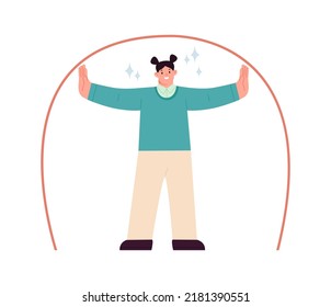 Person setting personal boundaries concept. Woman spreads his arms wide and marks boundaries of his space. Character defends his psychological comfort. Vector illustration
