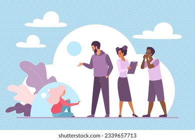 Persona que establece la ilustración vectorial de los límites personales. Caricatura de una mujer sosteniendo una burbuja de vidrio para cerrar el espacio personal de la influencia y la interacción poco saludable con la multitud de colegas, amigos o familia