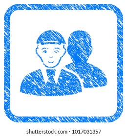 Person Shadow rubber stamp watermark. Icon vector symbol with grungy design and corrosion texture inside rounded frame. Scratched blue sign. Person face has enjoy emotion.