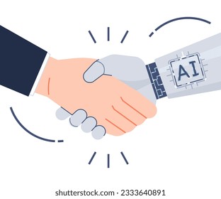 A person is shaking hands with an AI robot. Artificial intelligence teamwork concept illustration.