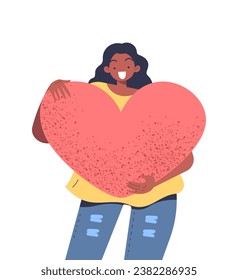 Person share love concept. Woman with heart in hand. Passion and romance, acceptance. Graphic element for website. Cartoon flat vector illustration isolated on white background