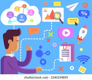 Person sharing in social media, Internet app signs set. Laptop applications and network symbols. Icons for mobile devices software. Basic gadget functions outline symbols. User interacts with computer