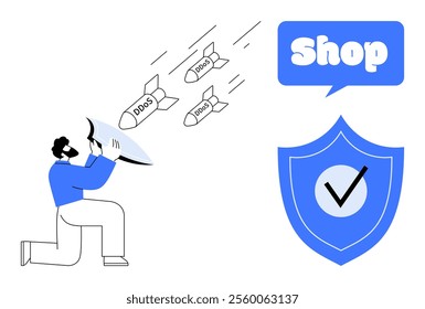 A person with a shield blocking DDoS attacks represented by missiles aimed at a shop. Ideal for online security, DDoS defense, e-commerce protection, cybersecurity awareness, digital safety