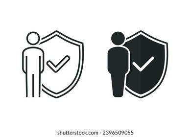 Persona con lista de verificación de escudo. Vector de ilustración