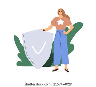 Person with shield and checkmark. Safety, insurance, security and defense concept. Protected insured woman. Safe data and guaranteed privacy. Flat vector illustration isolated on white background